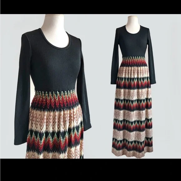 Vintage 70s Black & Woven Bohemian Maxi Dress - Picture 1 of 14